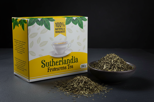 Premium Sutherlandia tea box with loose leaf on dark slate