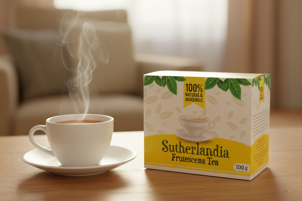 Sutherlandia Tea box with steaming cup