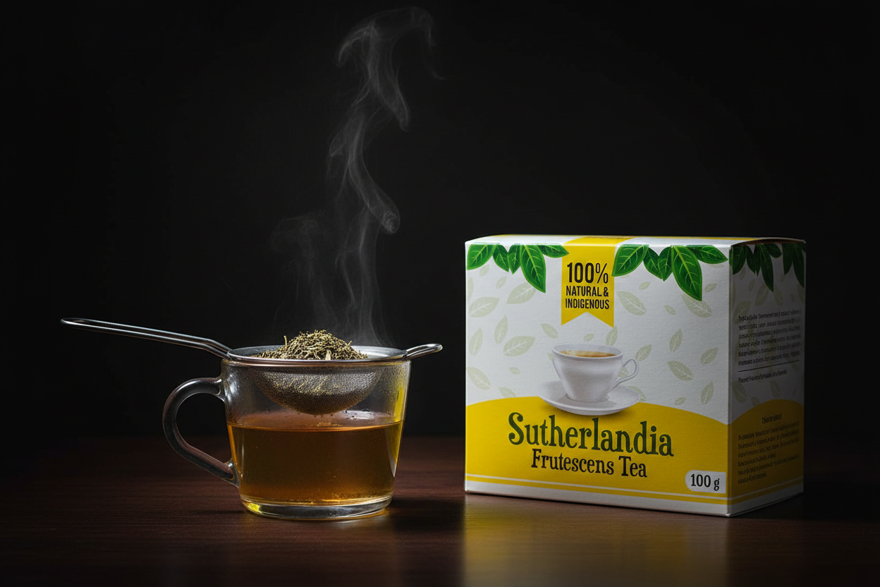 Sutherlandia tea box with tea strainer brewing